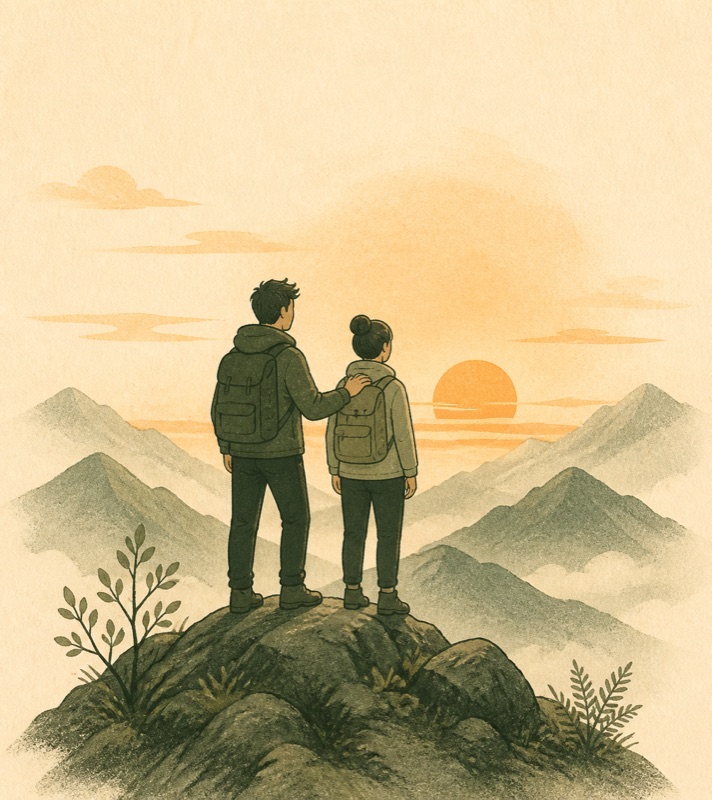 两个身影一起登上山顶,迎着破晓